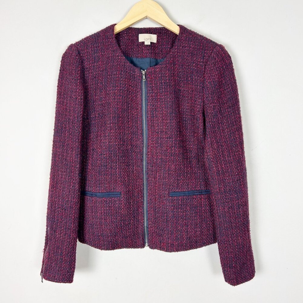 Loft Tweed Blazer Jacket Blue & Red Zip Front Winter Wool Blend Size 4 Women's